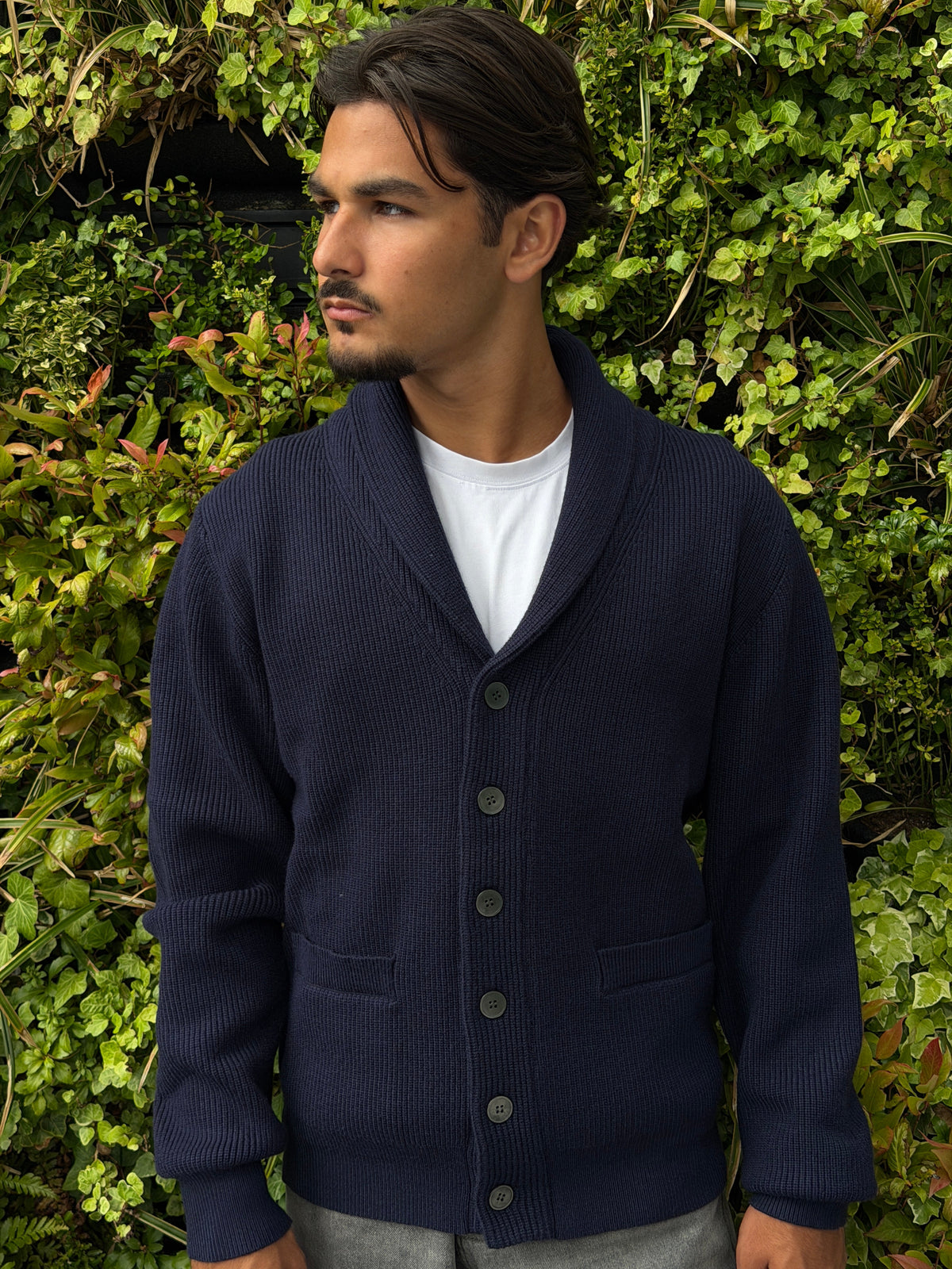 NAVY RIBBED CARDIGAN - Aumille