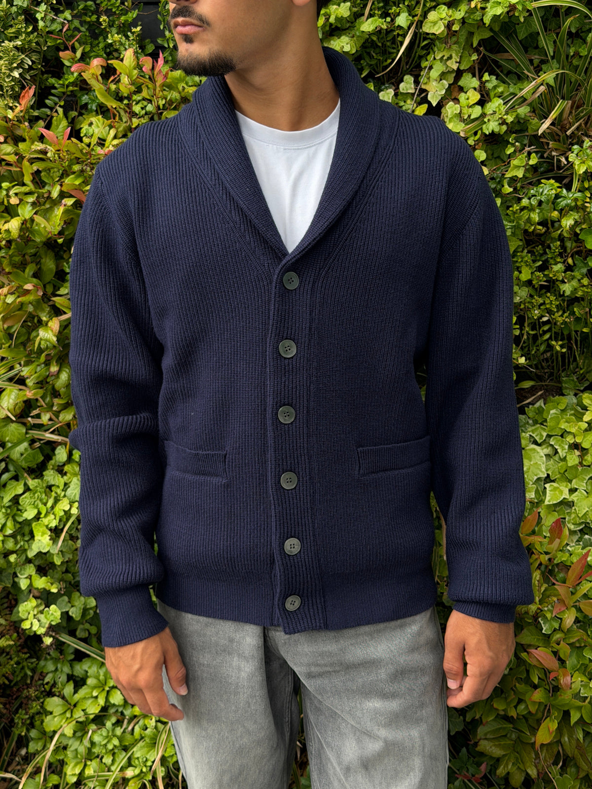 NAVY RIBBED CARDIGAN - Aumille
